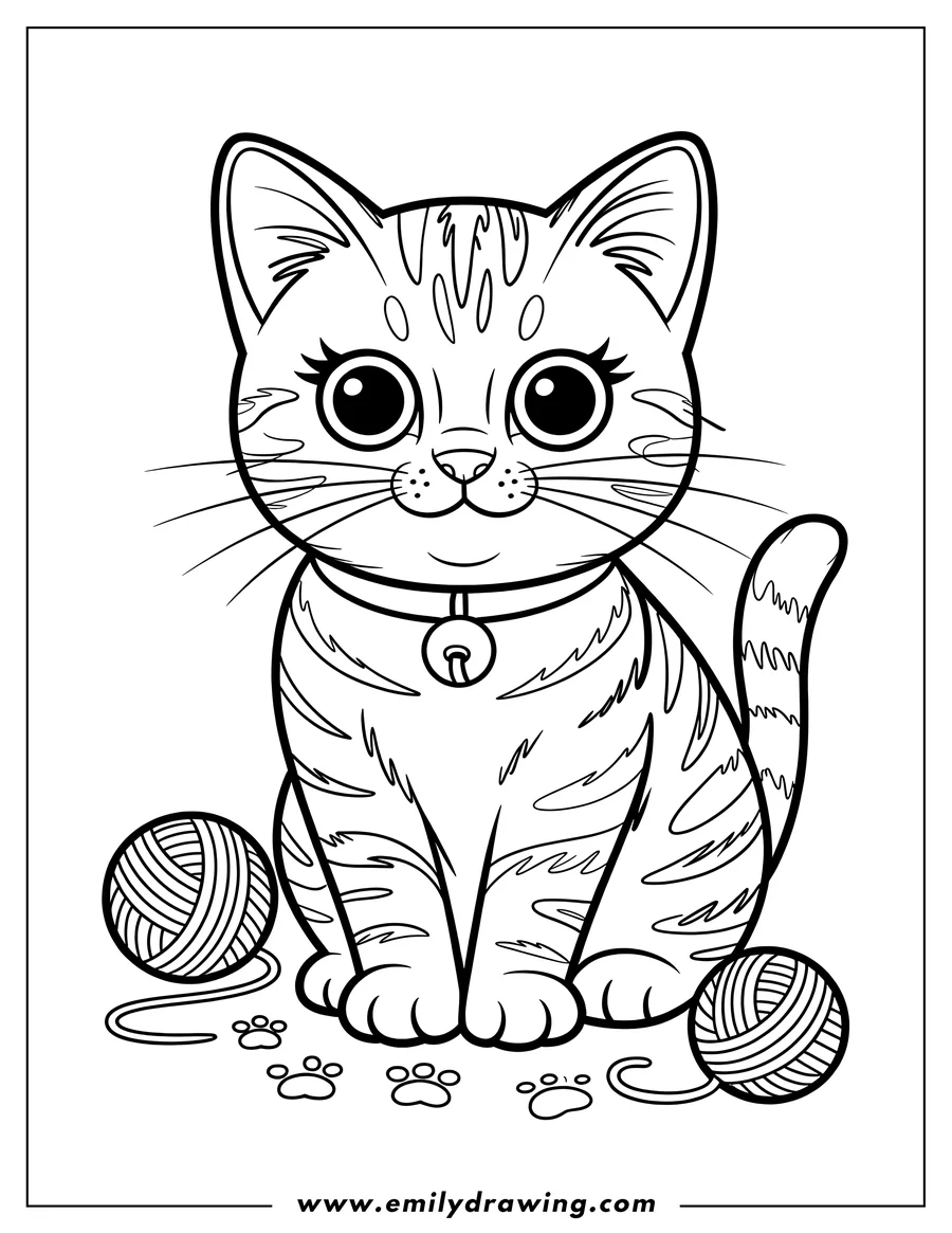 Line art of a playful cat sitting with two balls of yarn and paw prints around its feet.