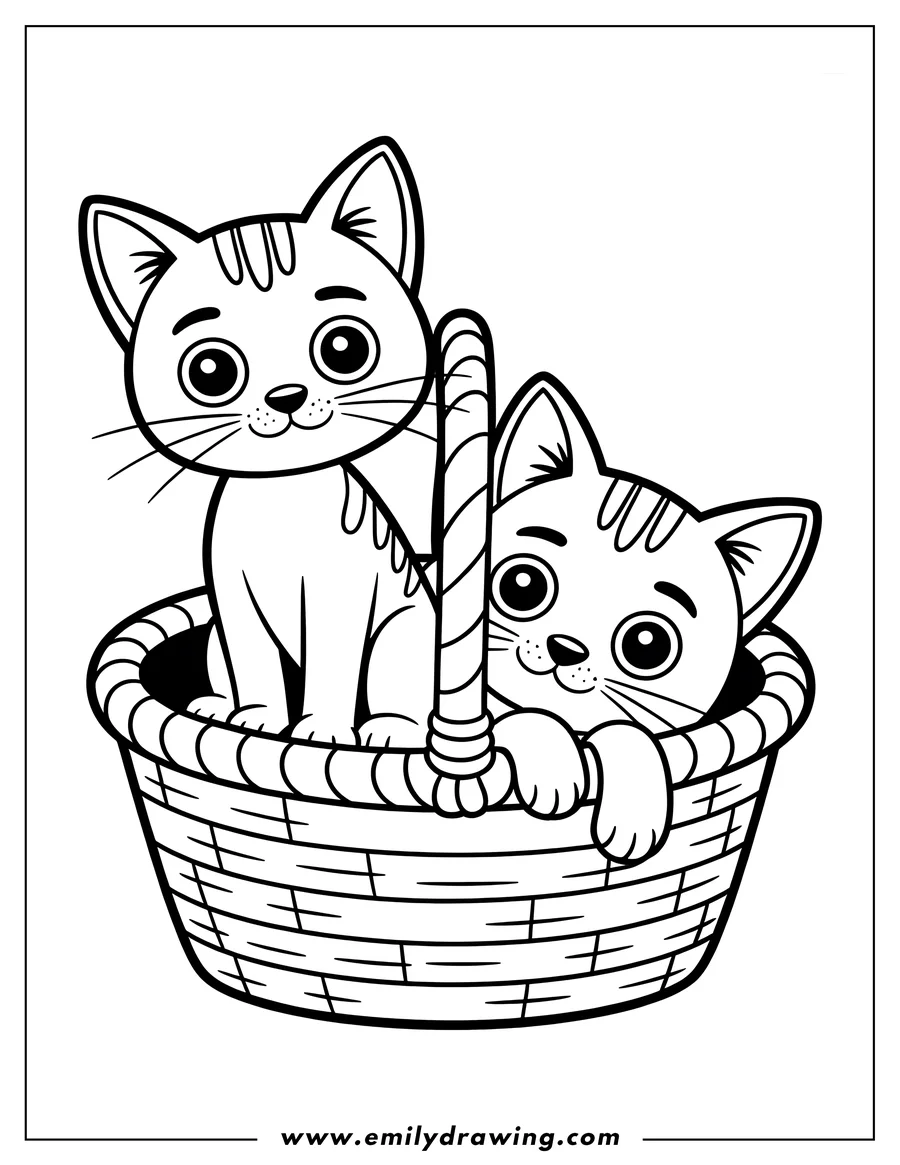 Two cats sitting in a woven basket. One cat sits inside while the other peeks over the edge.