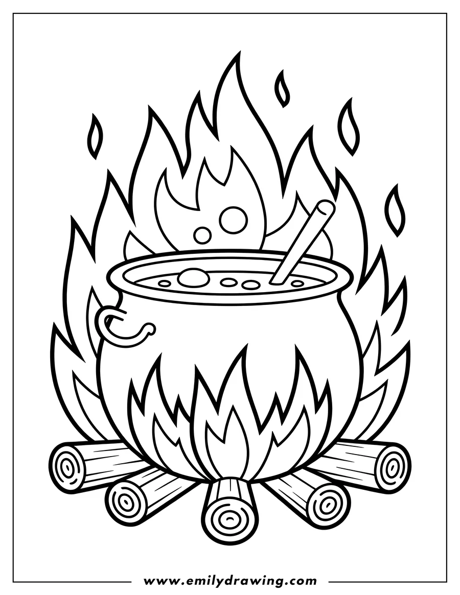 Line art of a cauldron with a wooden spoon inside, sitting over a campfire made of logs. The fire is drawn with stylized flames.