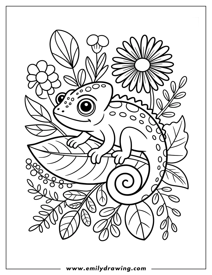 Outline of a small chameleon sitting on a large leaf, surrounded by flowers and foliage.