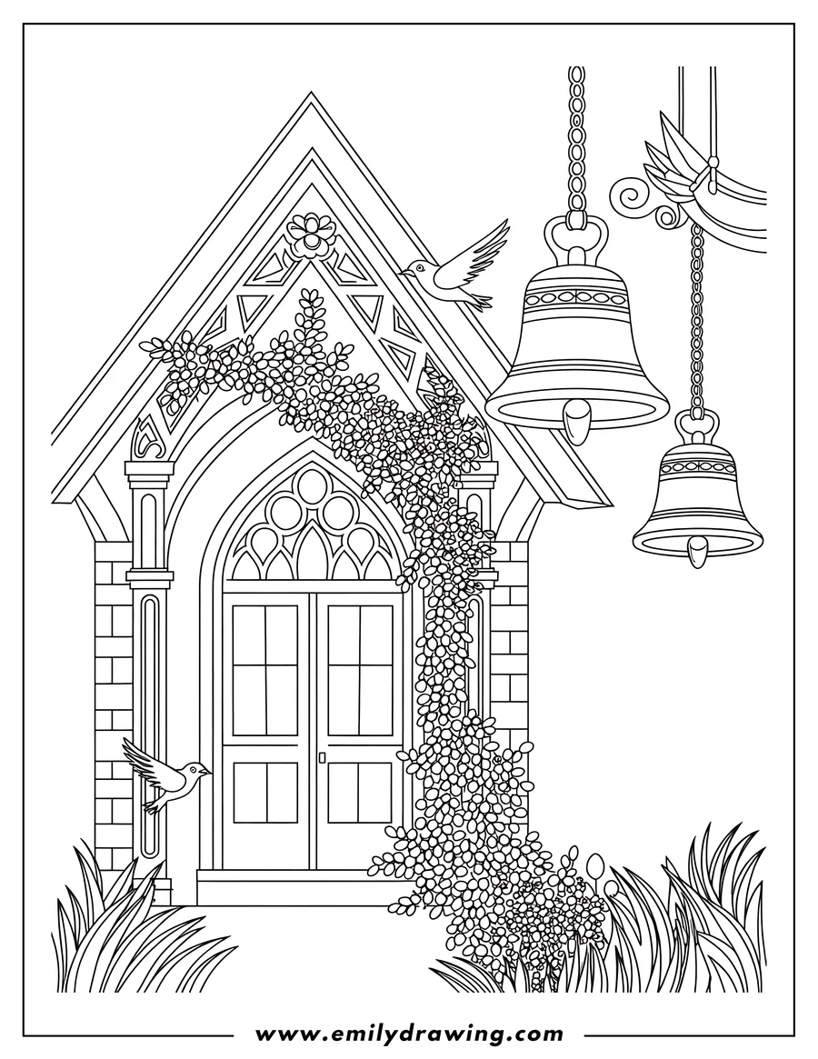Line art of a chapel with two bells hanging beside it. Birds fly near the roof and flowering vines climb the chapel walls.