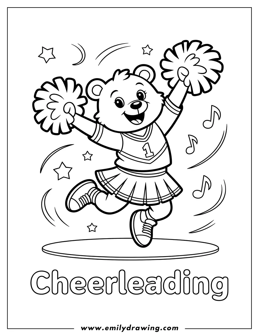 Line art of a cheerful bear performing a cheerleading jump with pom-poms, surrounded by stars and music notes.