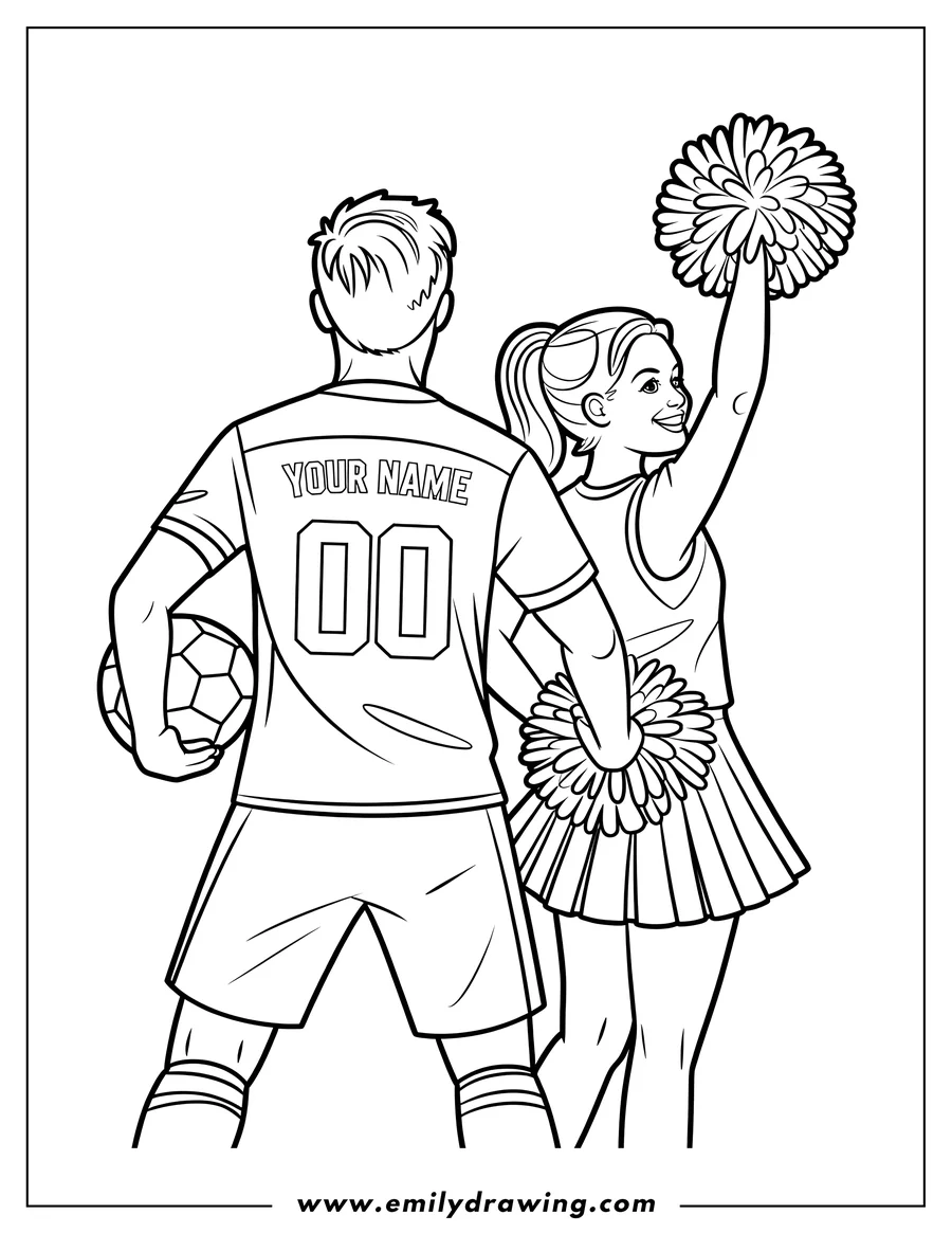Line art of a cheerleader with pom-poms and a soccer player holding a ball.