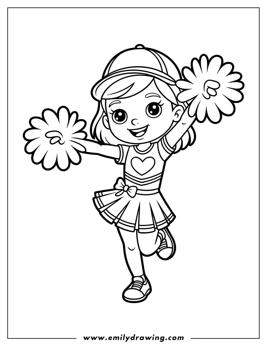 Line art of a cheerleader with pom-poms, ready to cheer. She's wearing a cap, a short-sleeved top with a heart, a pleated skirt, and sneakers.