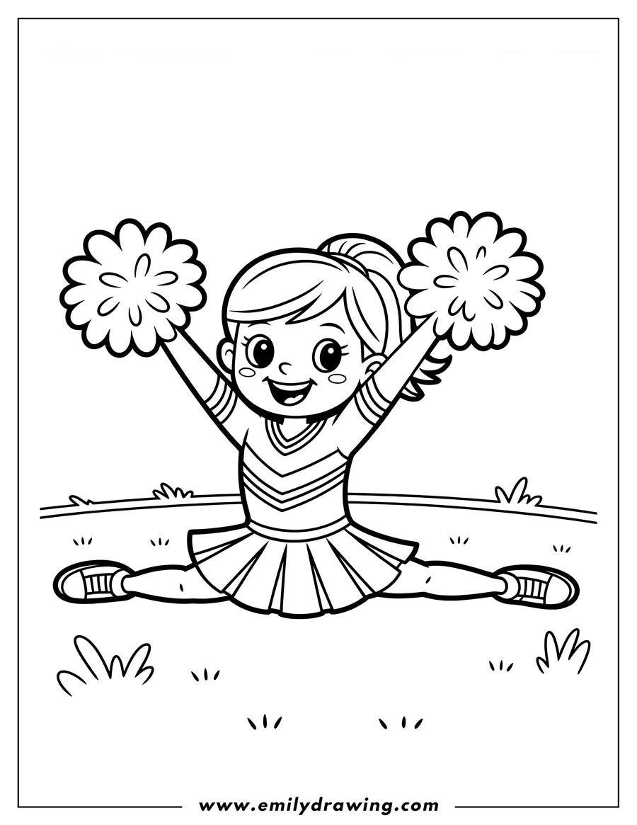 Outline of a smiling cheerleader doing the splits while holding pom-poms.