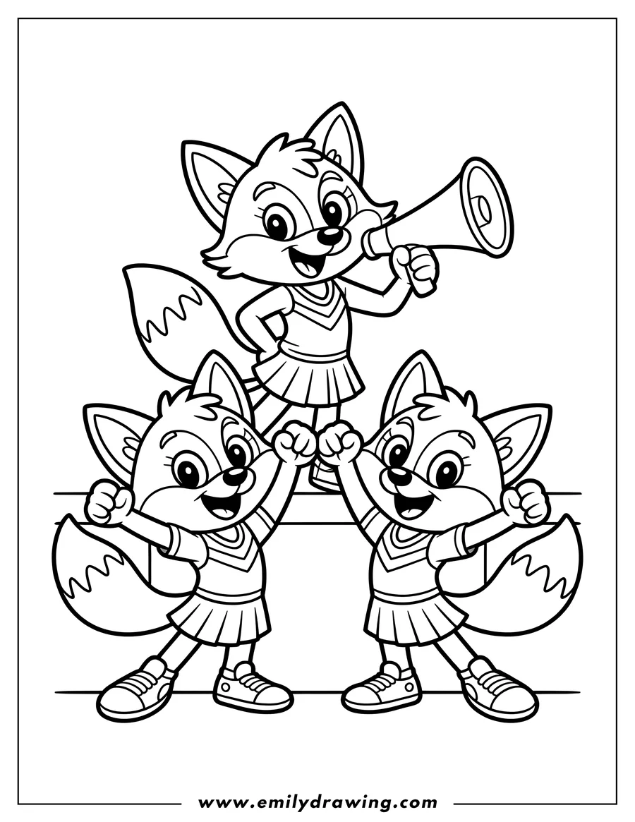 Three fox cheerleaders. One fox is holding a megaphone while the other two have their arms raised.