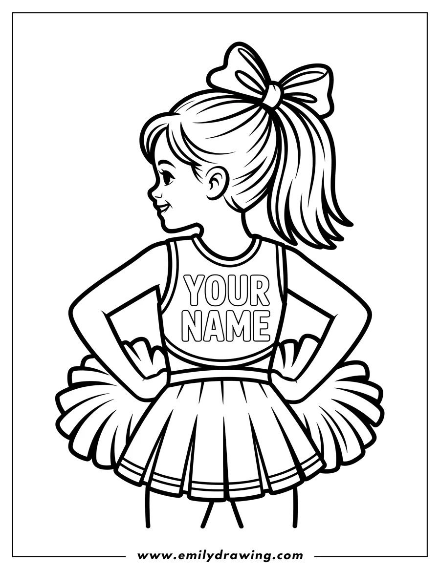 Outline of a cheerleader in uniform with a bow in her hair. She's ready to cheer!