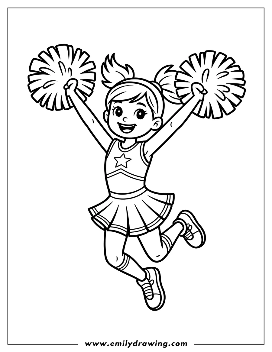 Line art of a cheerleader jumping in the air with pom-poms. She's wearing a cheerleading outfit and has a big smile.