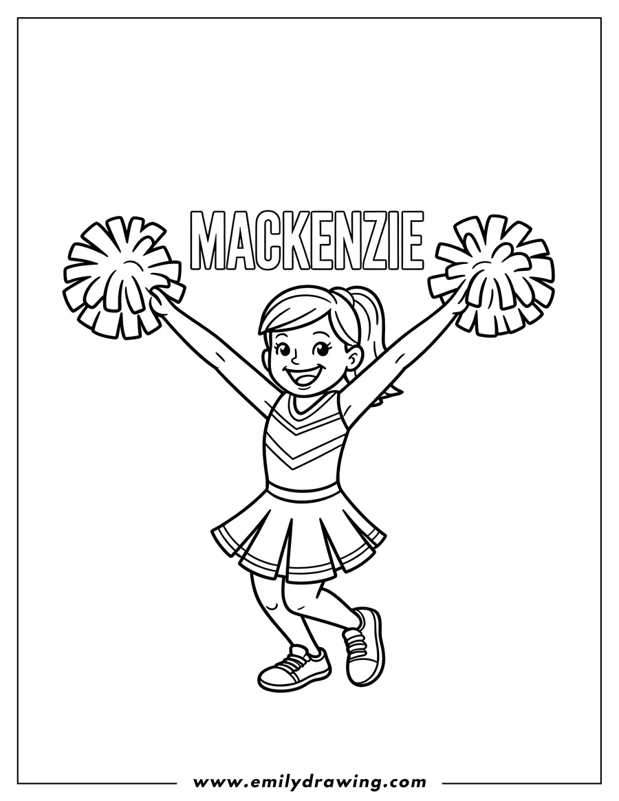 Line art of a cheerleader performing with pom-poms raised. She's wearing a cheerleading uniform and shoes.