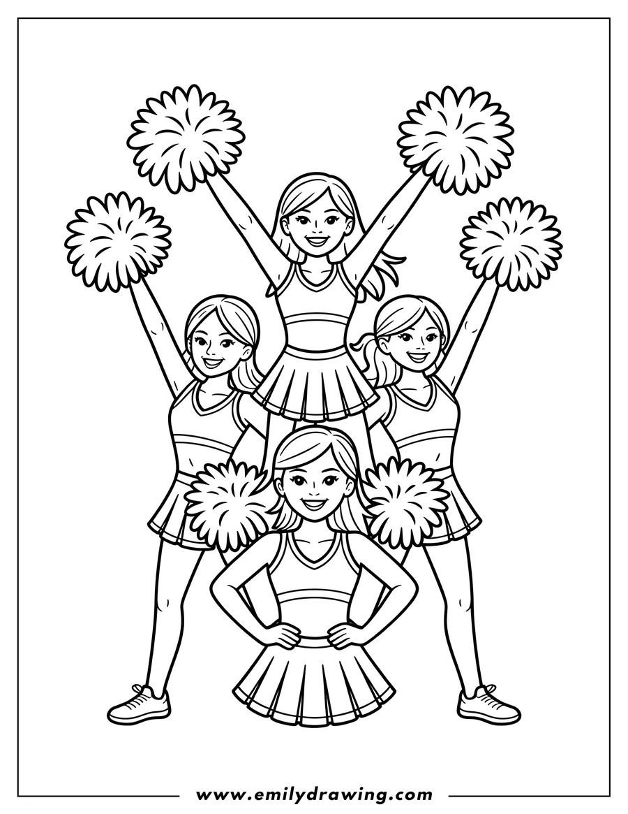 Line art of a group of cheerleaders with pom-poms, ready to cheer. Perfect for coloring!
