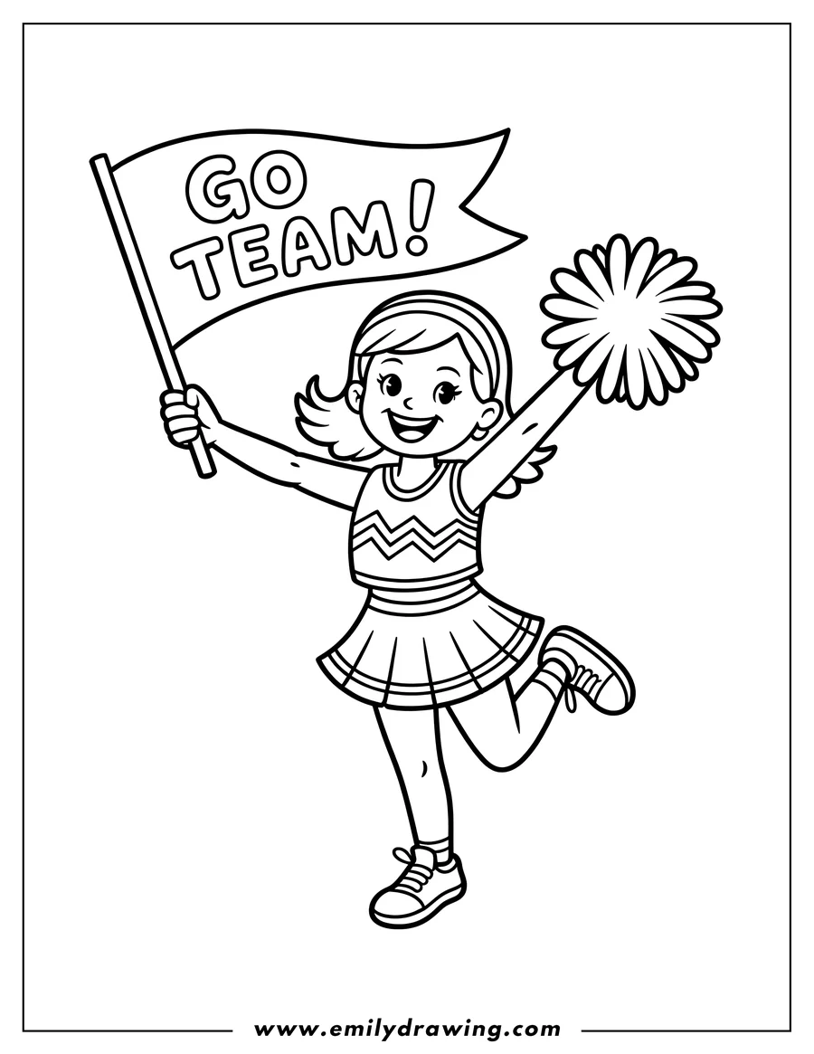 Line art of a cheerleader holding a 'Go Team' flag and pom-poms, ready to cheer.