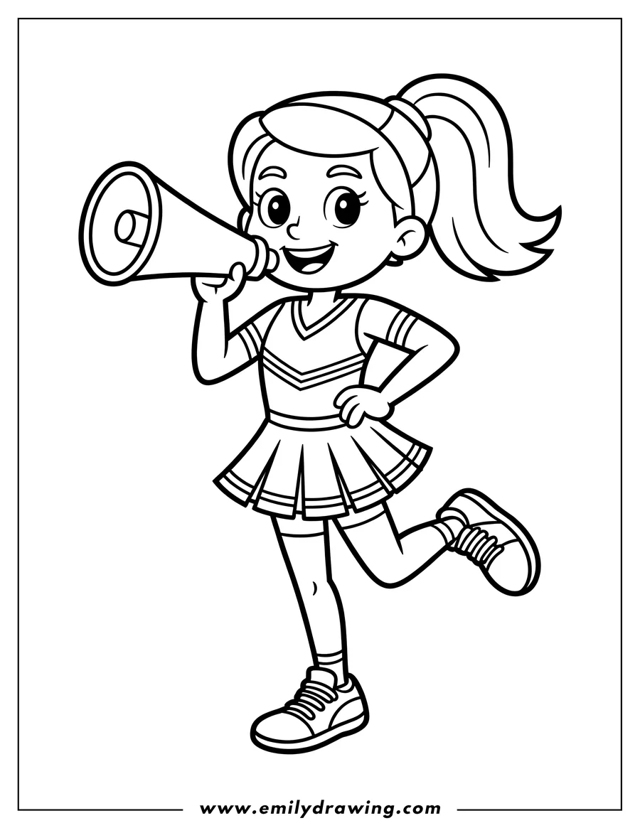 Line art of a cheerleader holding a megaphone, ready to cheer. She's wearing a cheerleading uniform and has a ponytail.