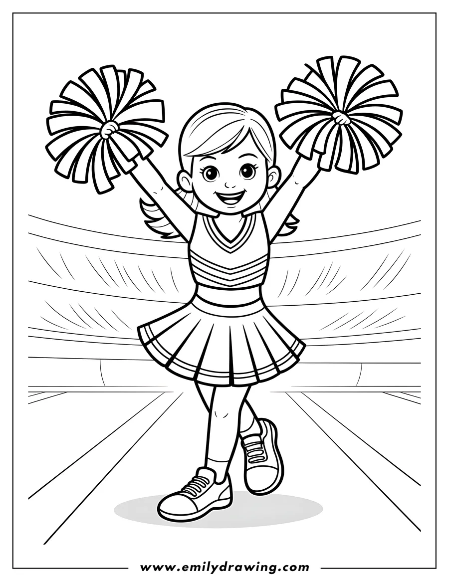 Line art of a cheerleader with pom-poms, ready to cheer on her team. She's wearing a cheerleading uniform and sneakers, with a determined and happy expression.