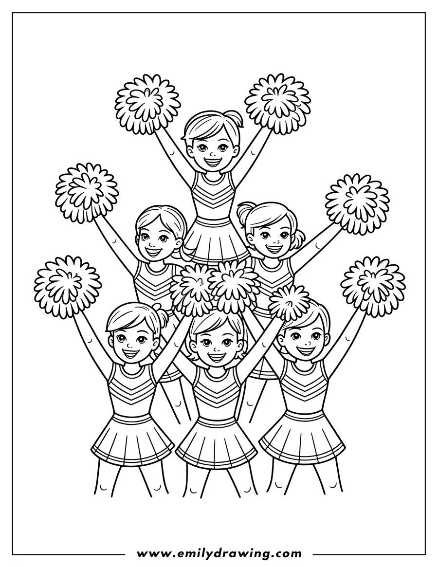 Line art of a group of cheerleaders performing a cheer, holding up pom-poms.