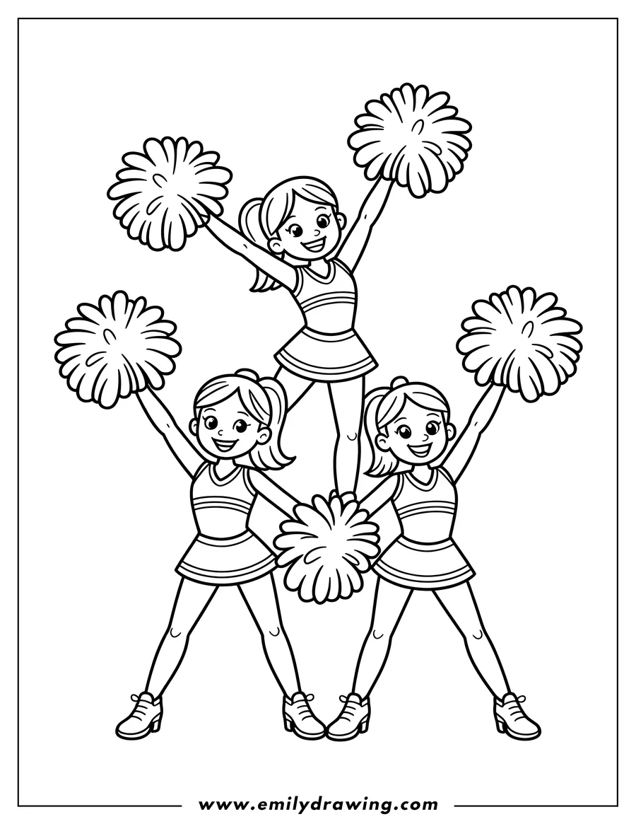 Three cheerleaders performing a cheerleading pose with pom-poms.