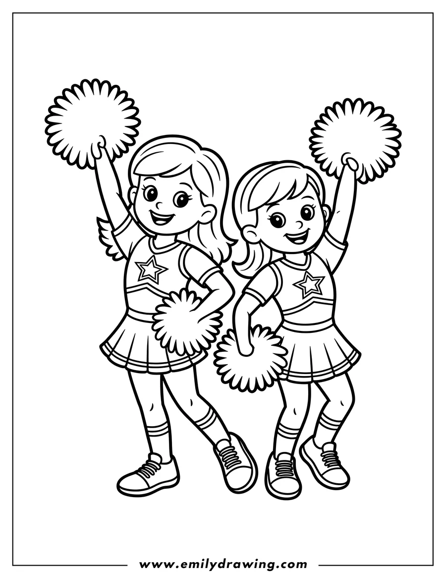 Two cheerleaders dancing with pom-poms. They are wearing matching outfits with stars and striped socks.