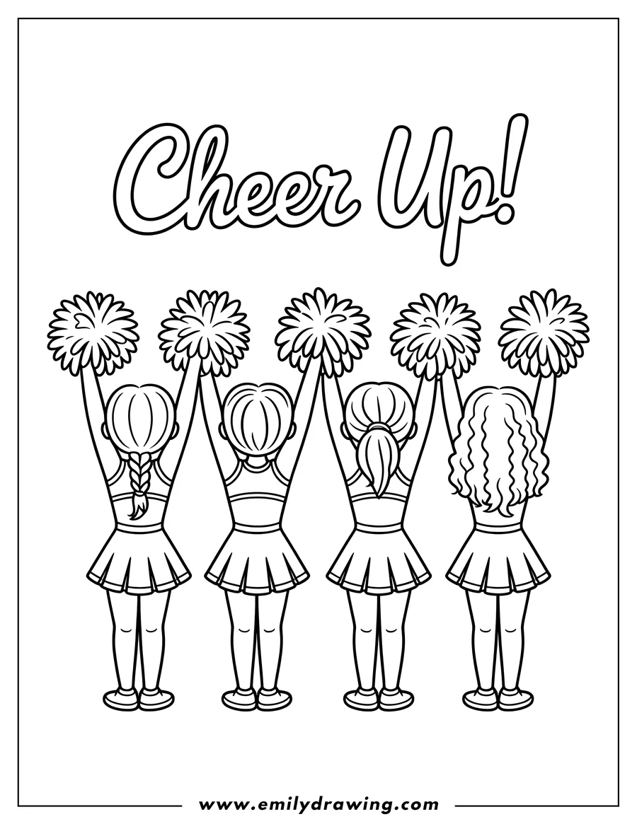 Outline of four cheerleaders seen from the back, each holding up pom-poms.