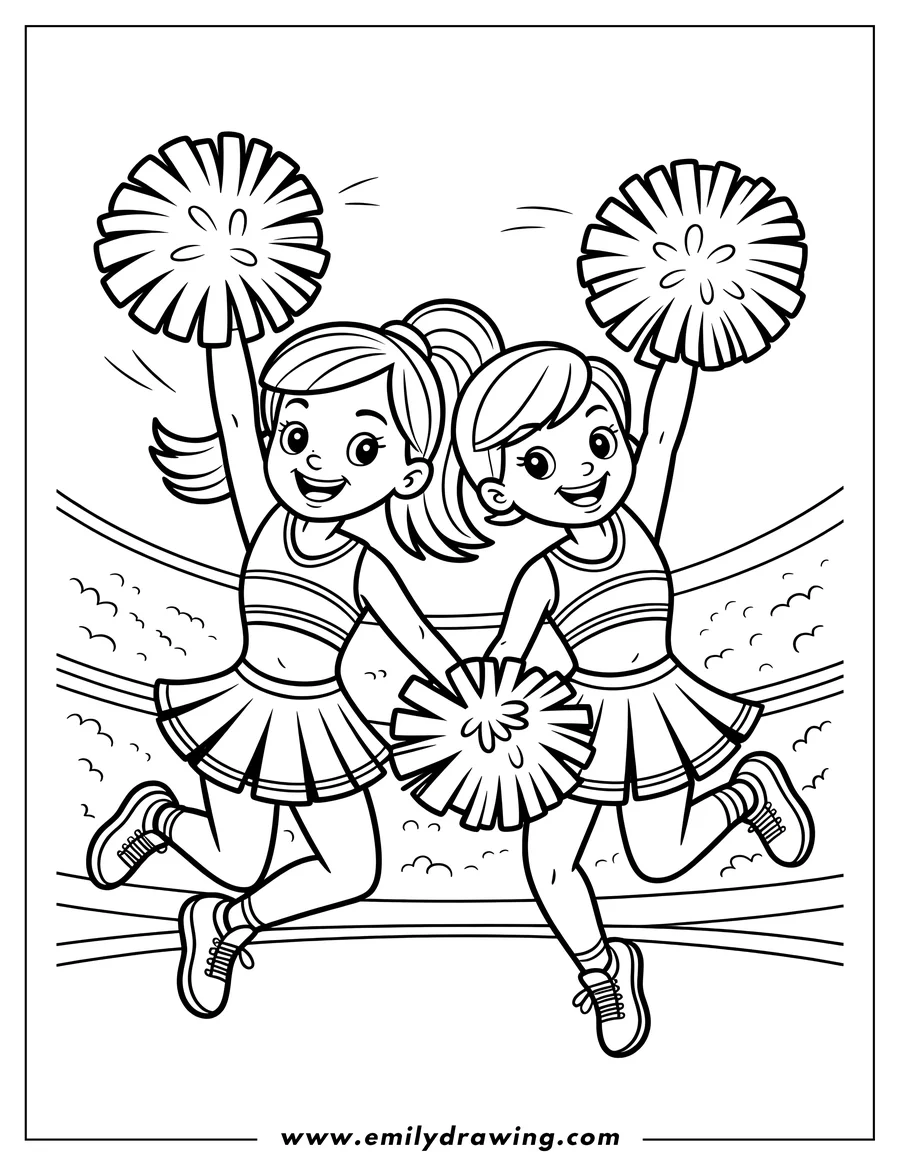 Two cheerleaders jumping in the air with pom-poms at a stadium.