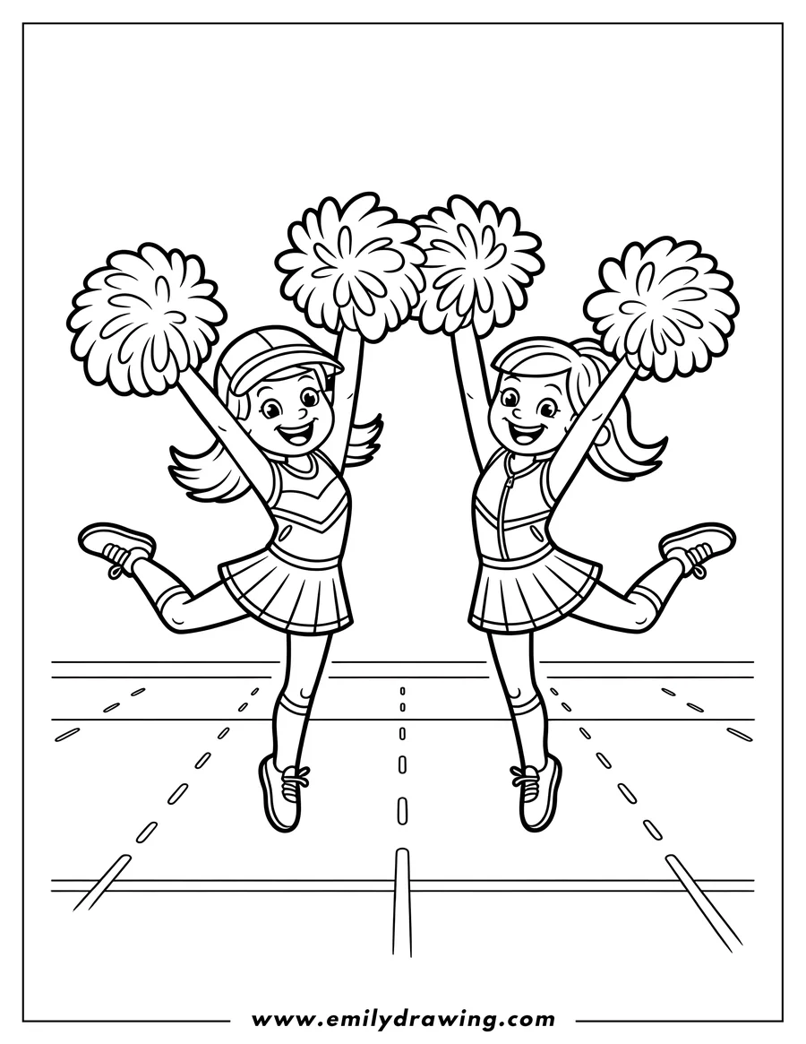 Two cheerleaders jump in the air with pom poms, performing a routine on a field.