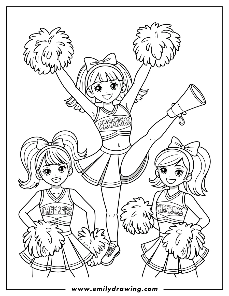 Line art of three cheerleaders with pom-poms, ready to cheer for their team.