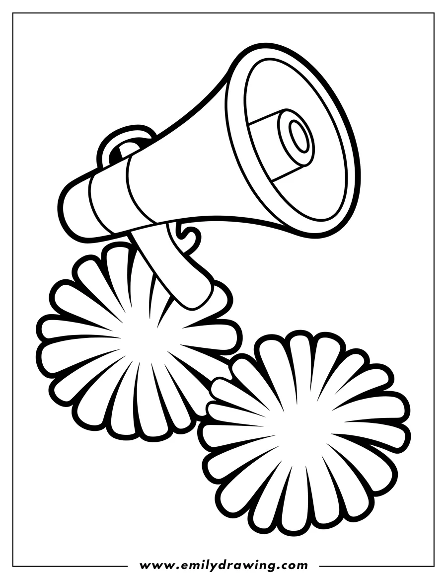 Outline of a cheerleading megaphone and two pom poms