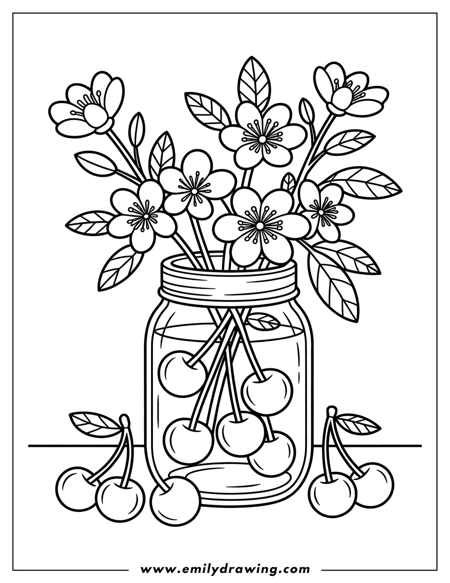 Outline of cherries and cherry blossoms arranged in a glass jar.  A few cherries sit on the table next to the jar.