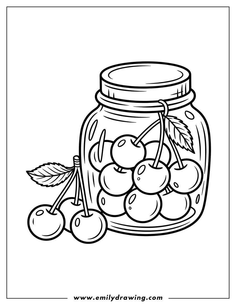 Outline of several cherries, some with stems and leaves, and a glass jar containing more cherries.