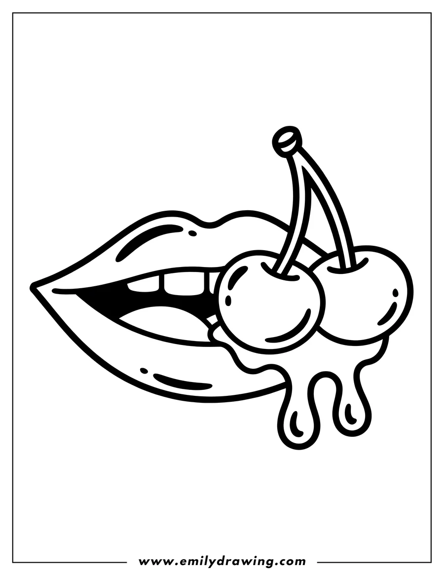 Line art of lips with two cherries and dripping juice.