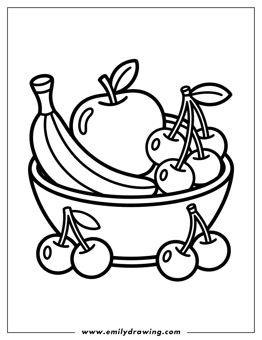 Line art of an apple, banana, and cherries arranged in a bowl.