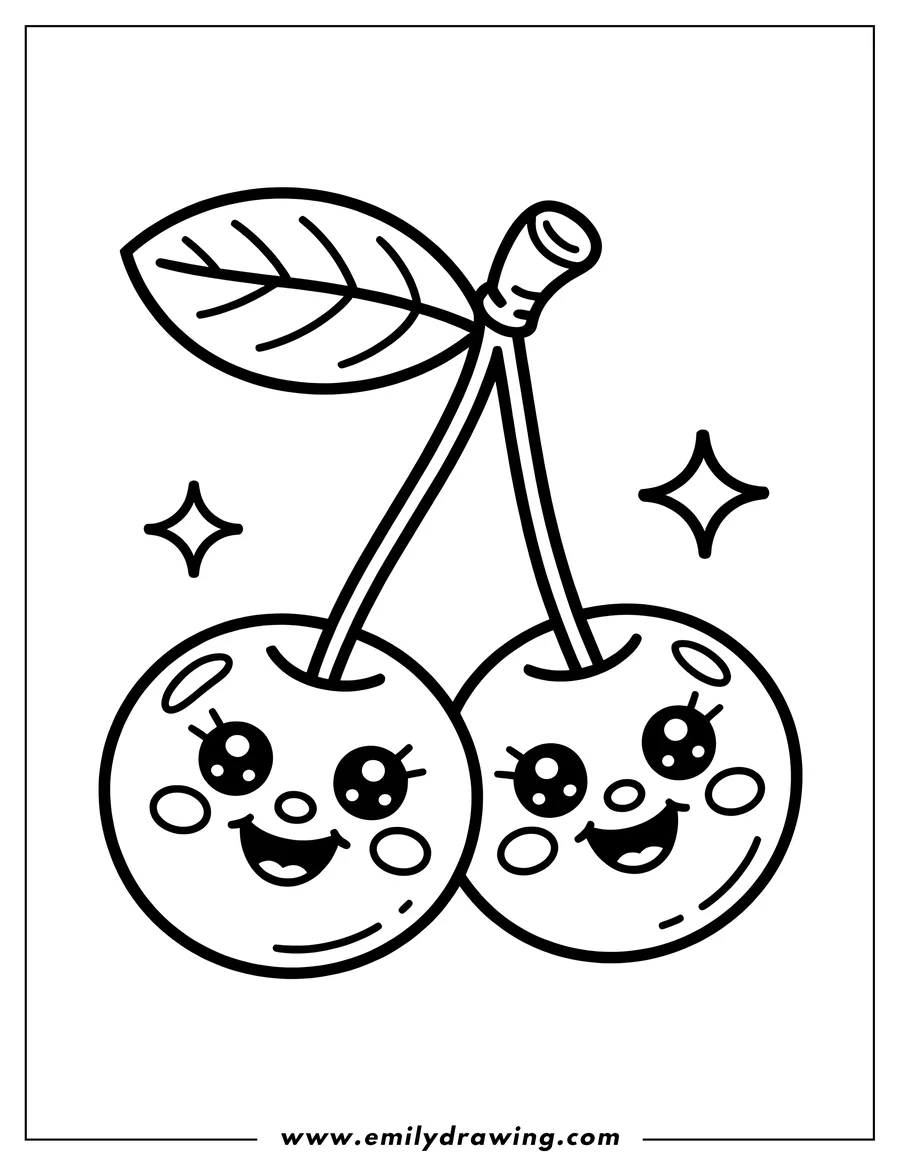 Line art of two cheerful cherries with a leaf and stem.  They have large, friendly eyes and wide smiles.