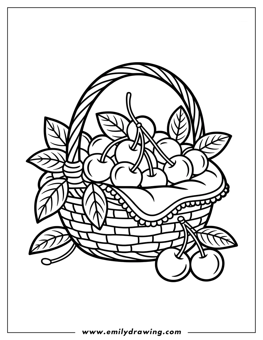 Outline of ripe cherries nestled in a woven basket, with a pair of cherries and leaves beside it.