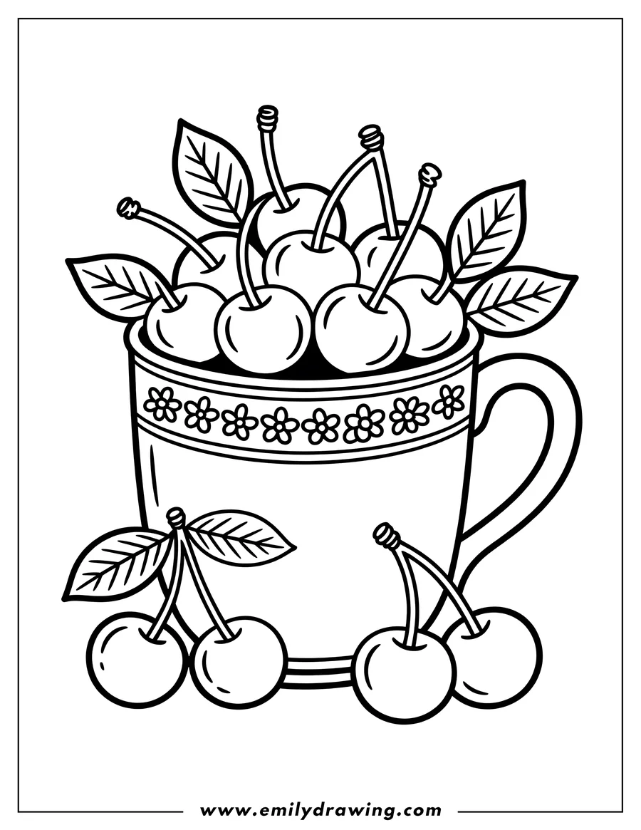 Outline of several cherries with leaves, arranged in a decorated cup.