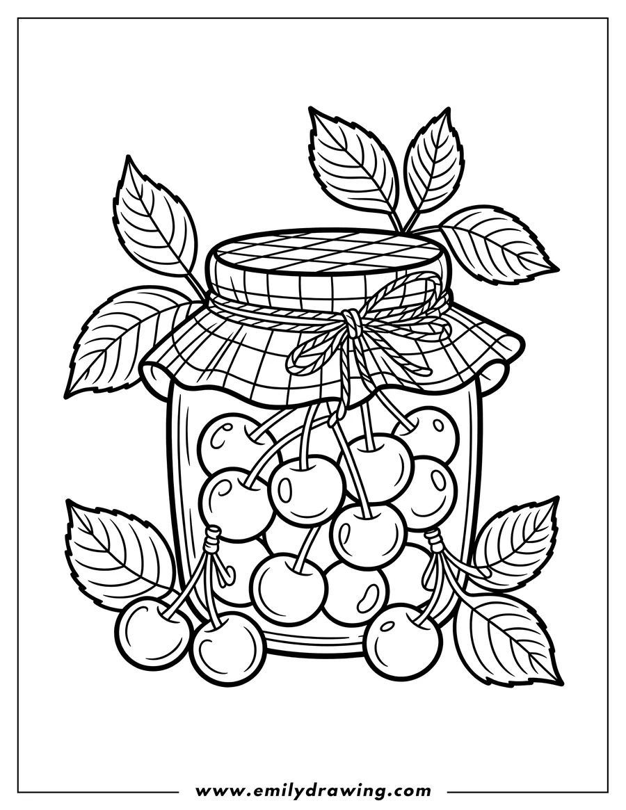 Outline of ripe cherries in a glass jar, topped with a checkered cloth secured by twine. Cherry leaves surround the jar.