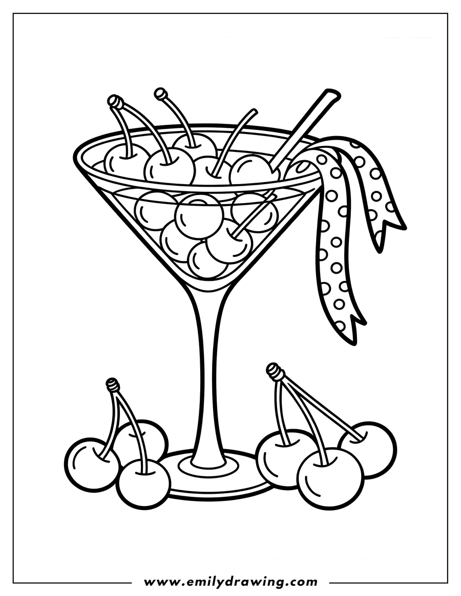 Line art of several cherries, some inside a martini glass with a dotted ribbon, and some beside the glass.