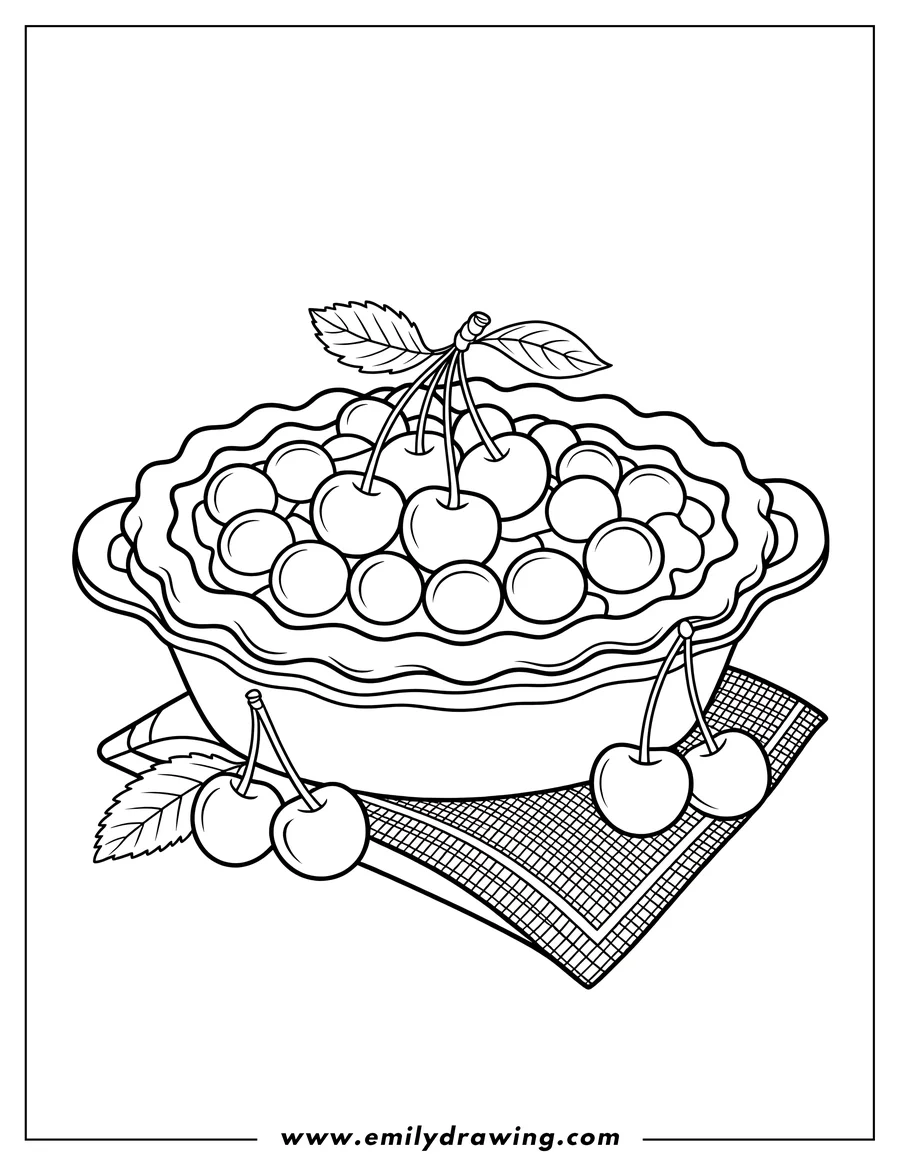 Outline of ripe cherries piled in a pie dish, with a pair of cherries and a leaf resting on a checkered napkin beside it.