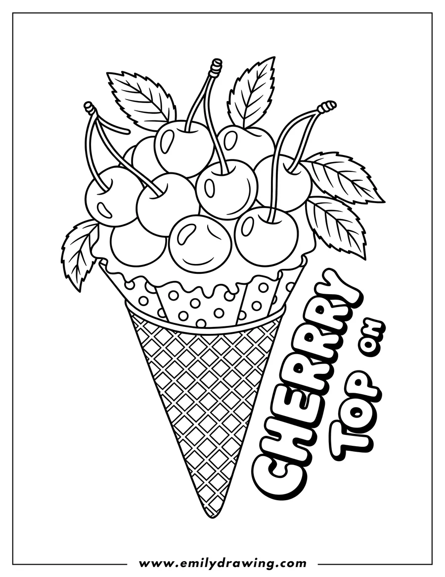 Line art of a waffle cone filled with ripe cherries and leaves.