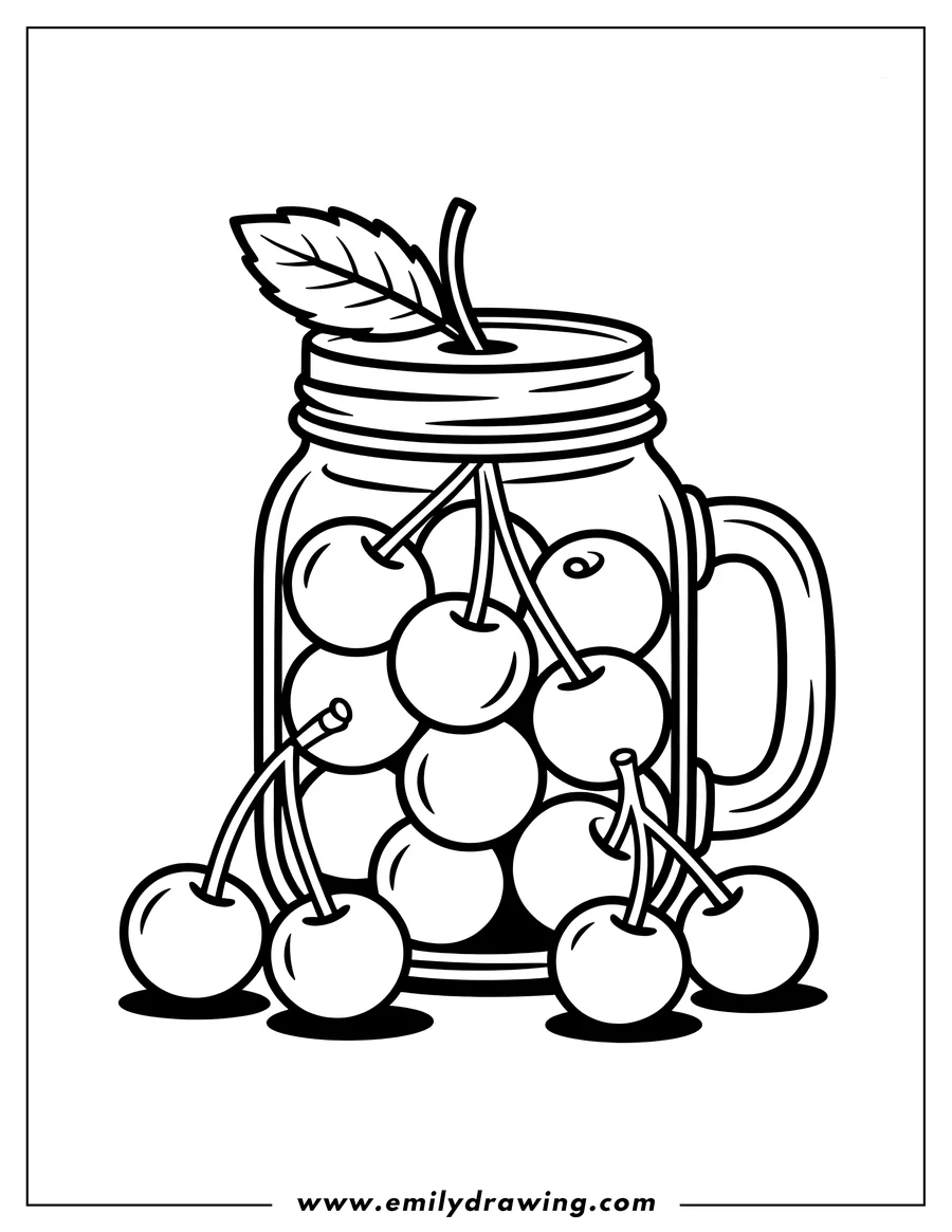 Outline of several cherries with stems and a single leaf inside a mason jar.  A few more cherries sit outside the jar.