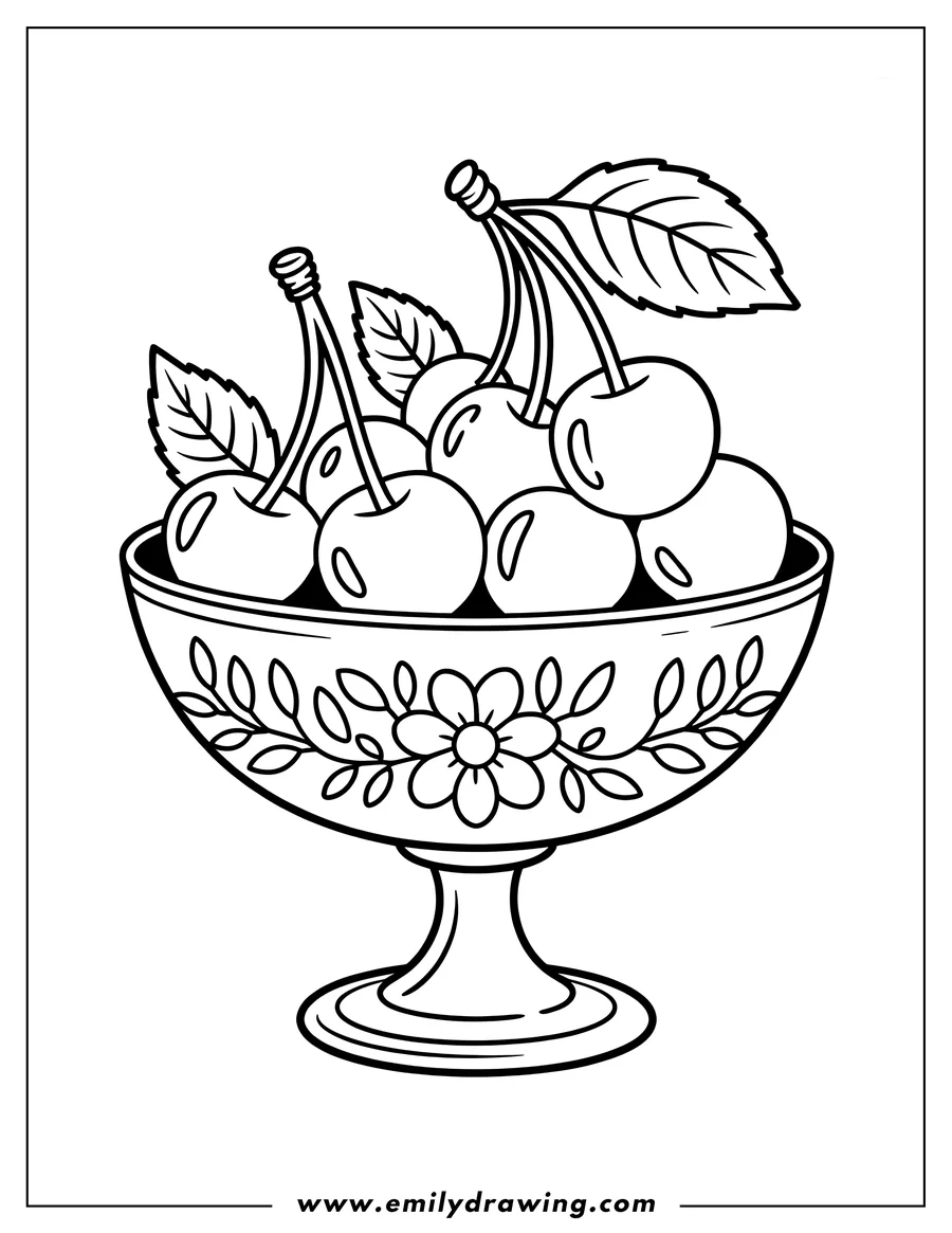 Outline of ripe cherries with leaves, arranged in a decorative bowl.