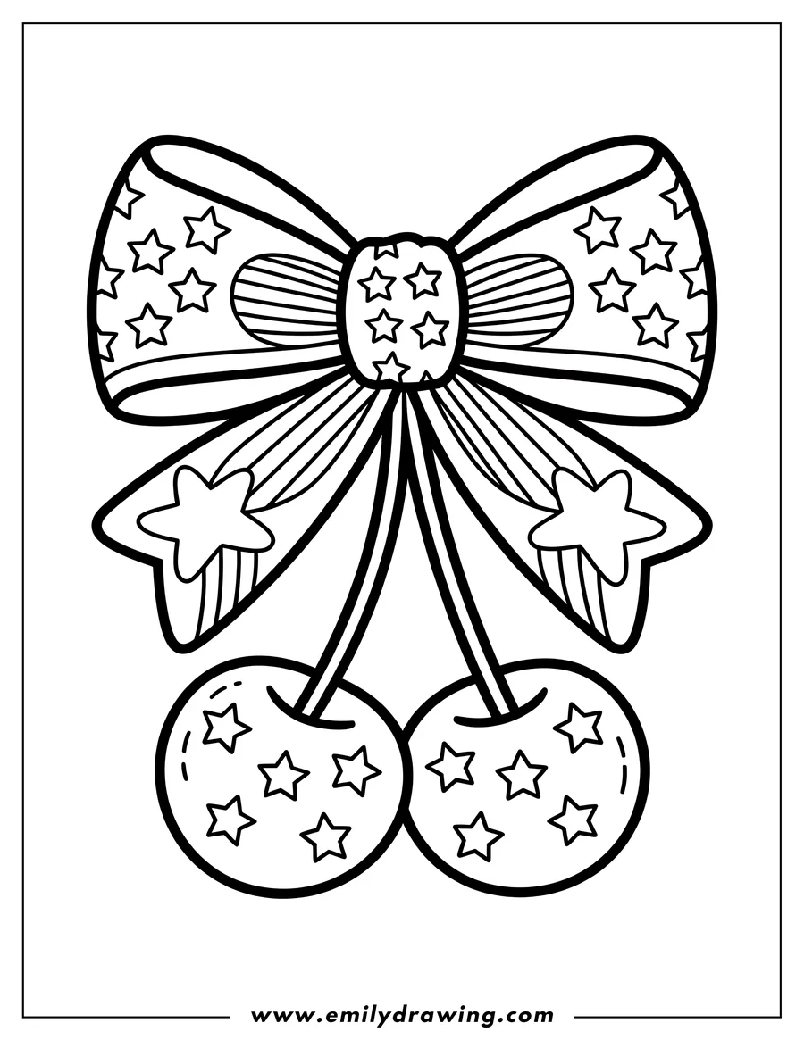 Outline of two cherries with stems joined by a large bow decorated with stars and stripes.