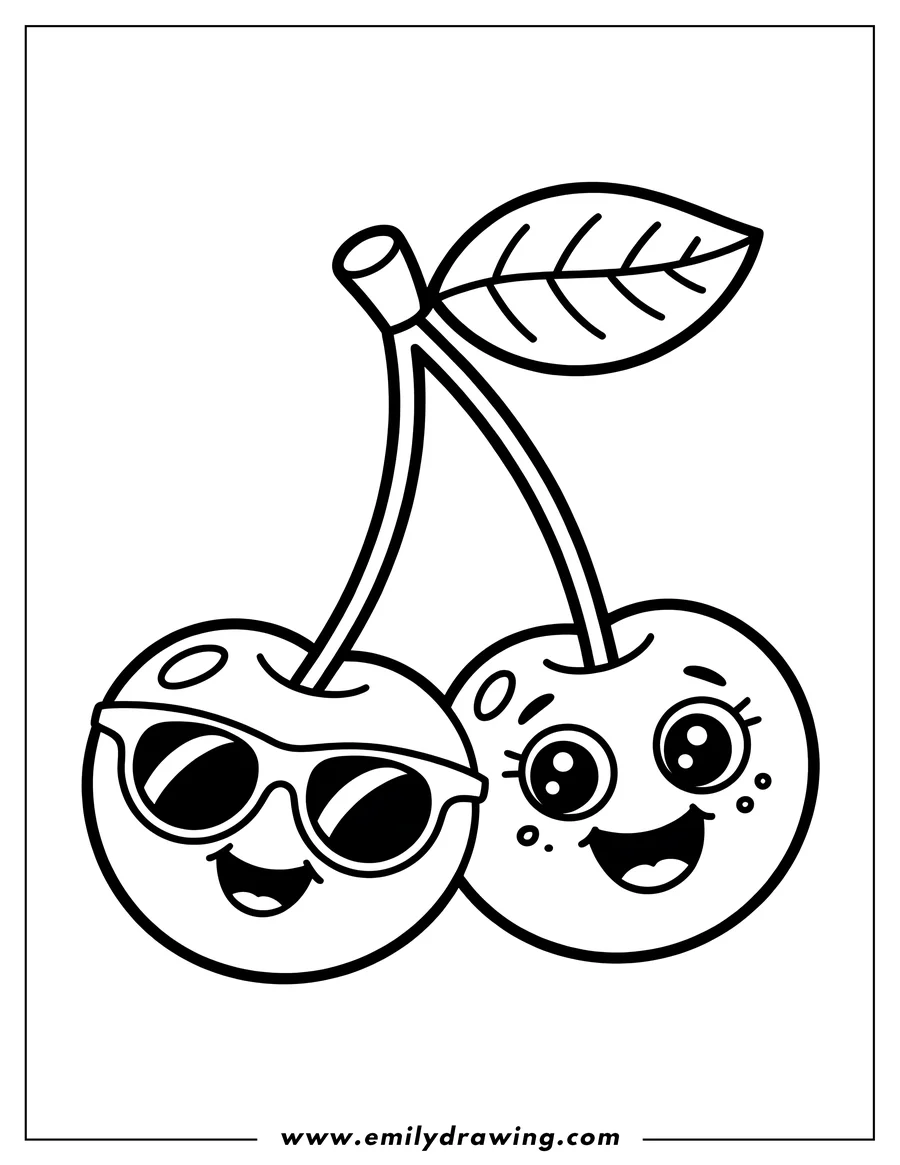 Line art of two cheerful cherries. One cherry is wearing sunglasses.