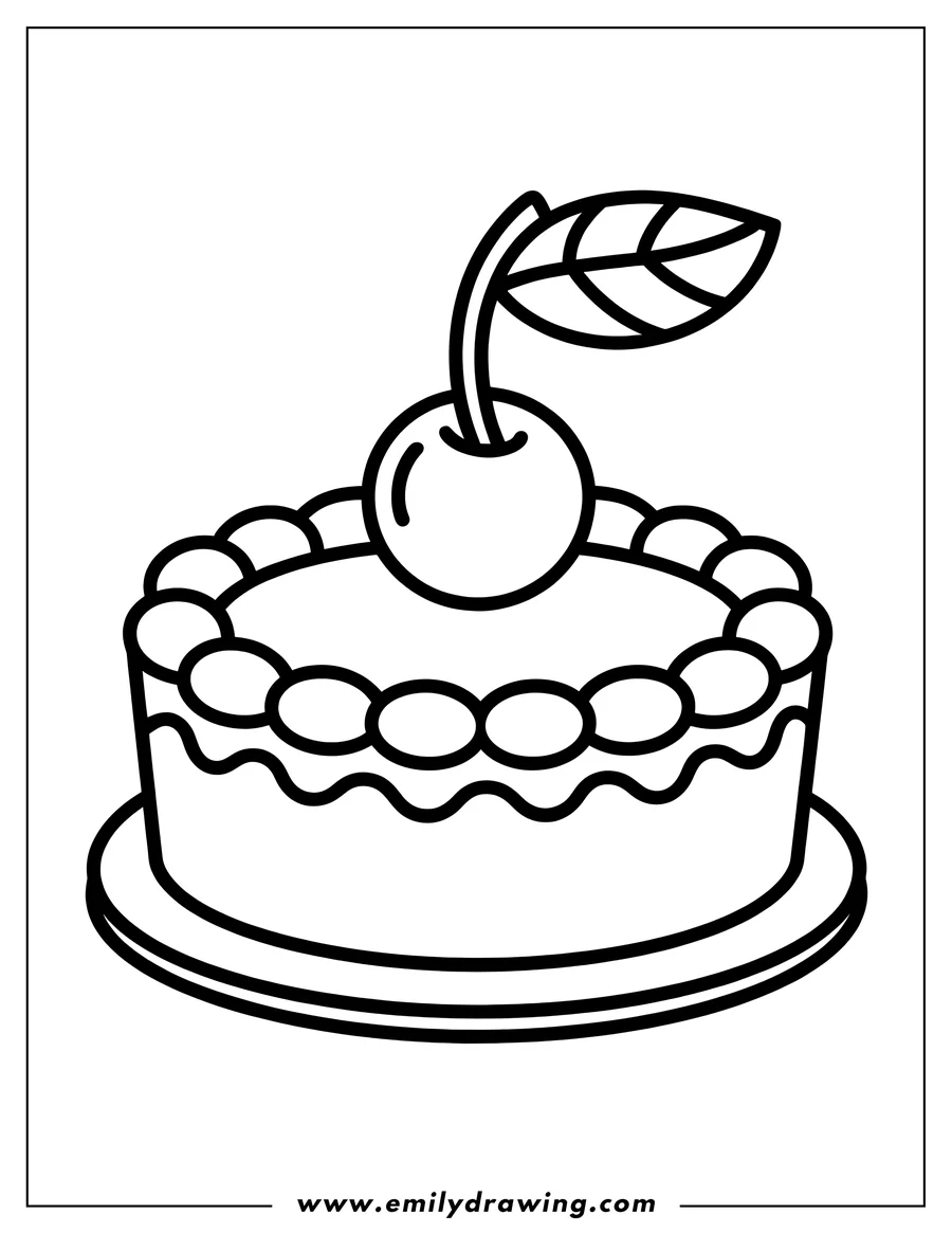 Simple line drawing of a cake with frosting and a cherry on top.
