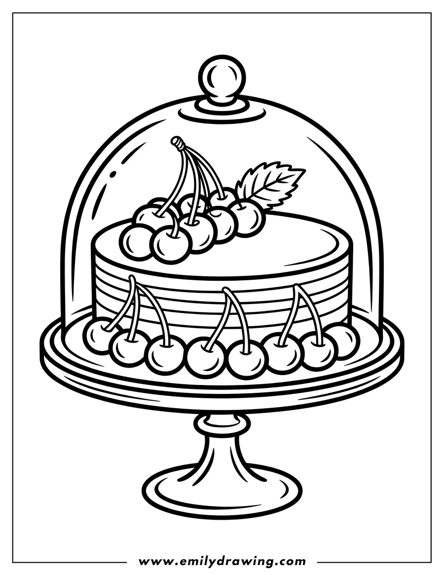 Line art of a layered cake with cherries on top and around the base, covered by a glass dome on a cake stand.