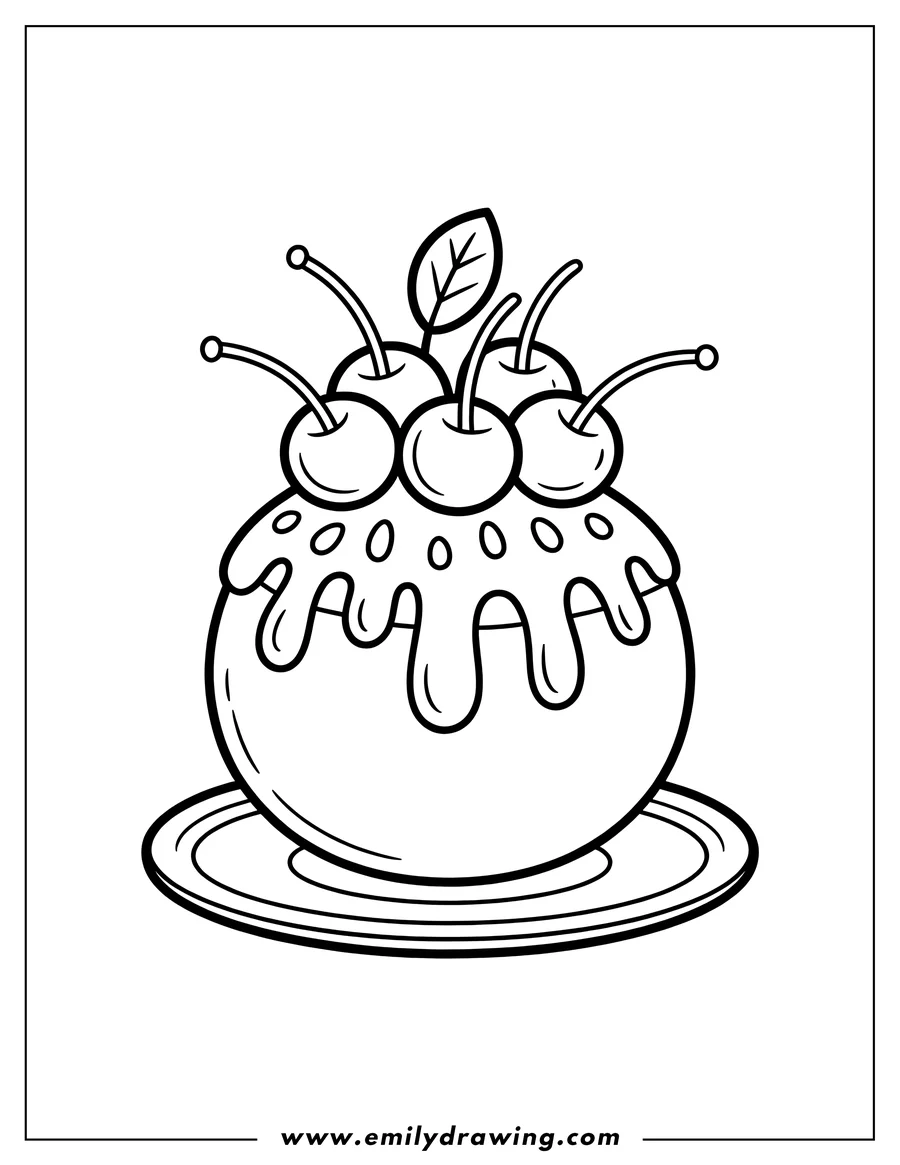 Outline of a cherry cake topped with cherries and dripping icing on a plate.
