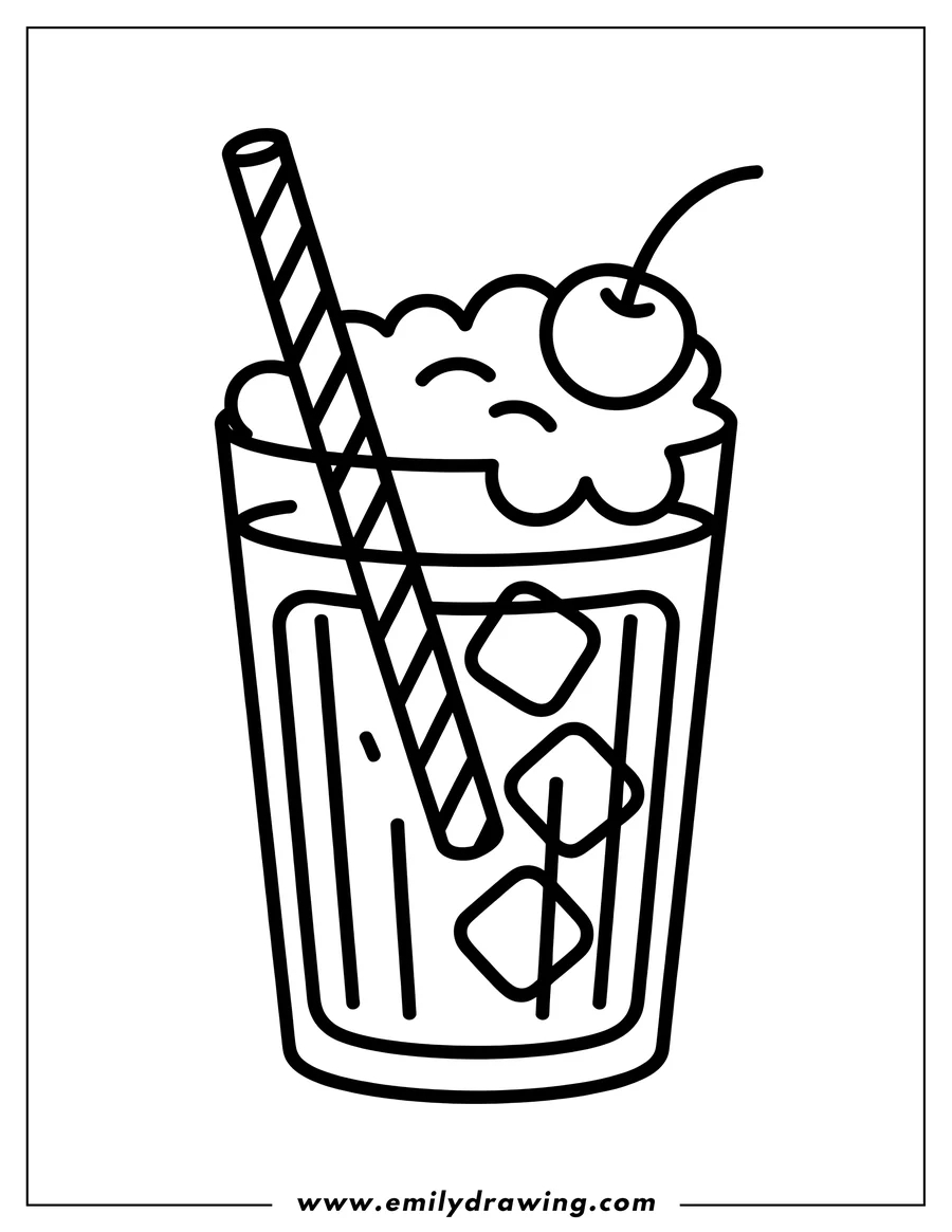 Line art of a refreshing drink topped with whipped cream, a cherry, and ice cubes in a glass with a striped straw.