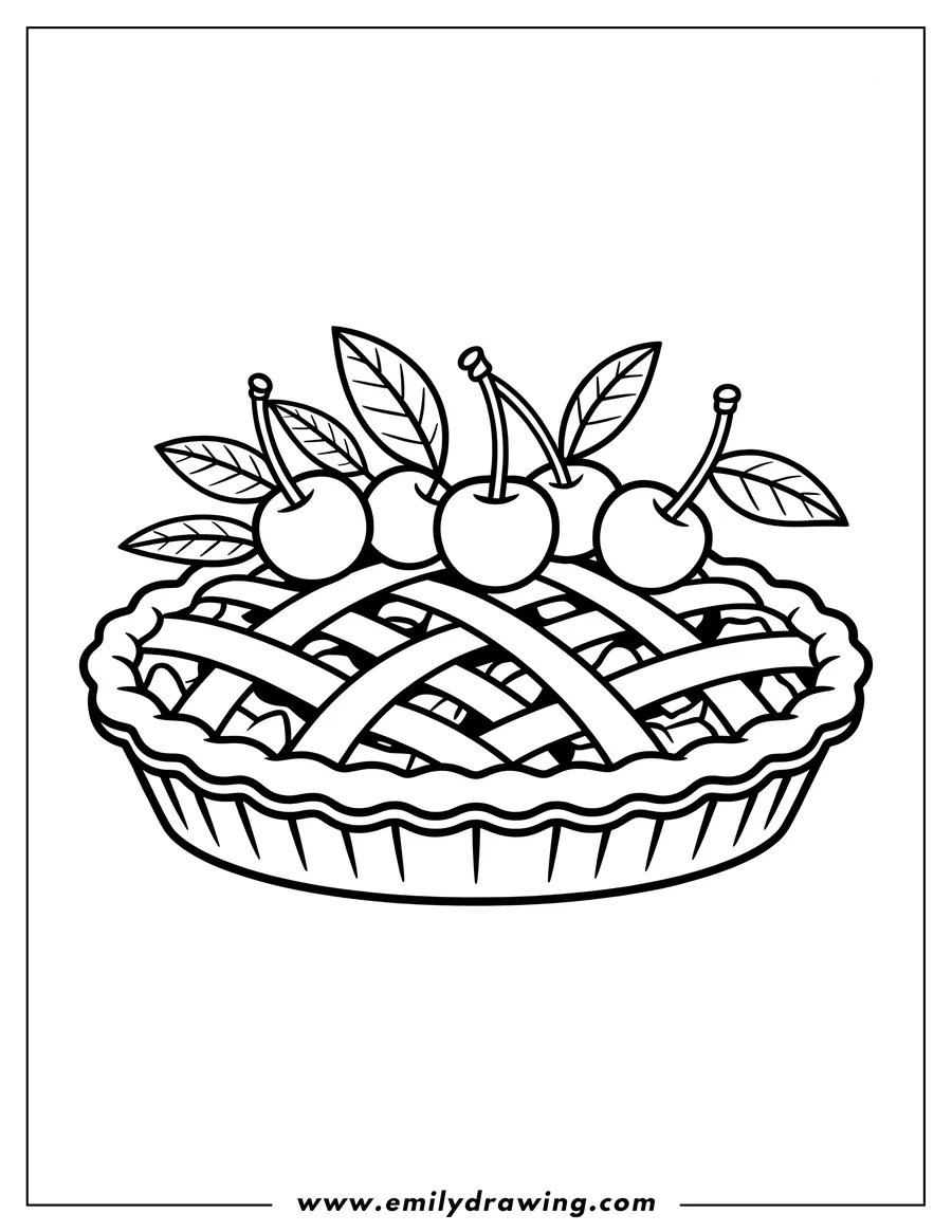 Line art of a cherry pie with a lattice crust and three cherries on top.