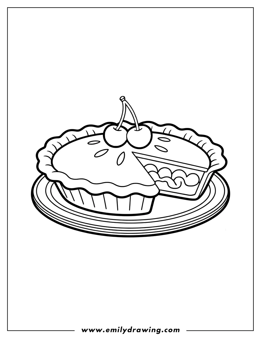 Line art of a cherry pie on a plate with a slice missing and two cherries on top.