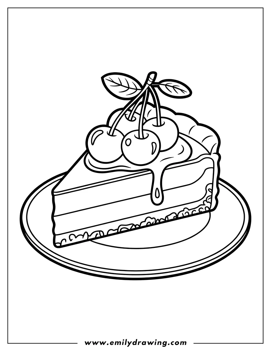 Line art of a slice of cherry pie topped with cherries on a plate.