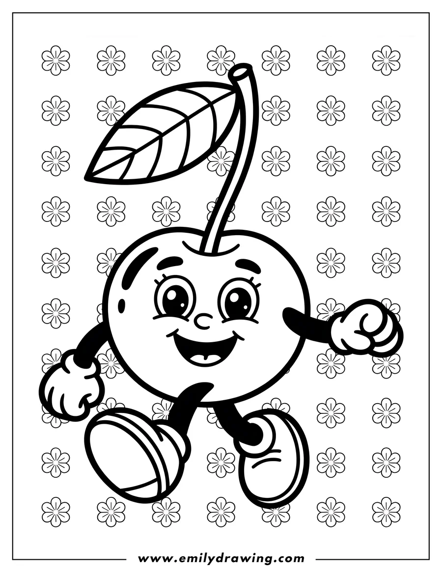 Line art of a happy cherry walking with a large leaf and a floral background