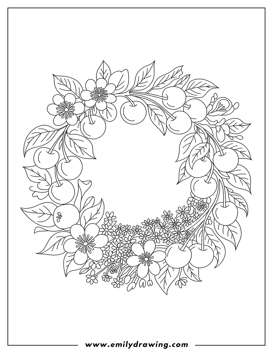 Line art of a wreath made of cherries, leaves, and flowers.