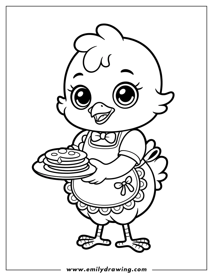 Line art of a baby chick wearing an apron and holding a plate of pancakes.